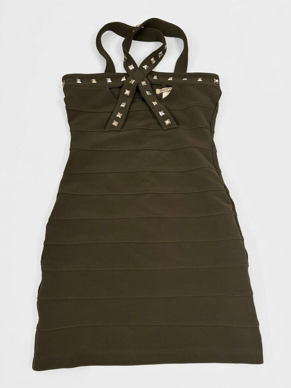 Arden B Olive Green Studded Cross Strap Bandage Bodycon Mini Dress XS Y2K